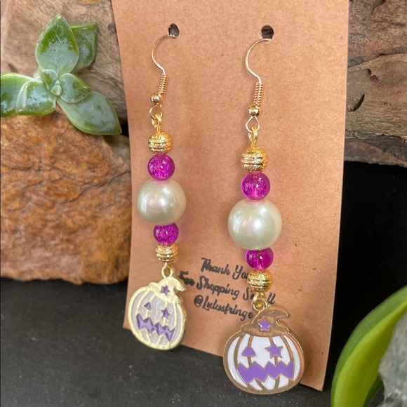 Gold Pink And Purple Pumpkin Dangle Earrings - Picture 5 of 8